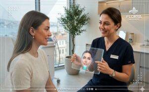 Professional doctor using an advanced digital tablet to plan a Chin Filler in Turkey procedure.