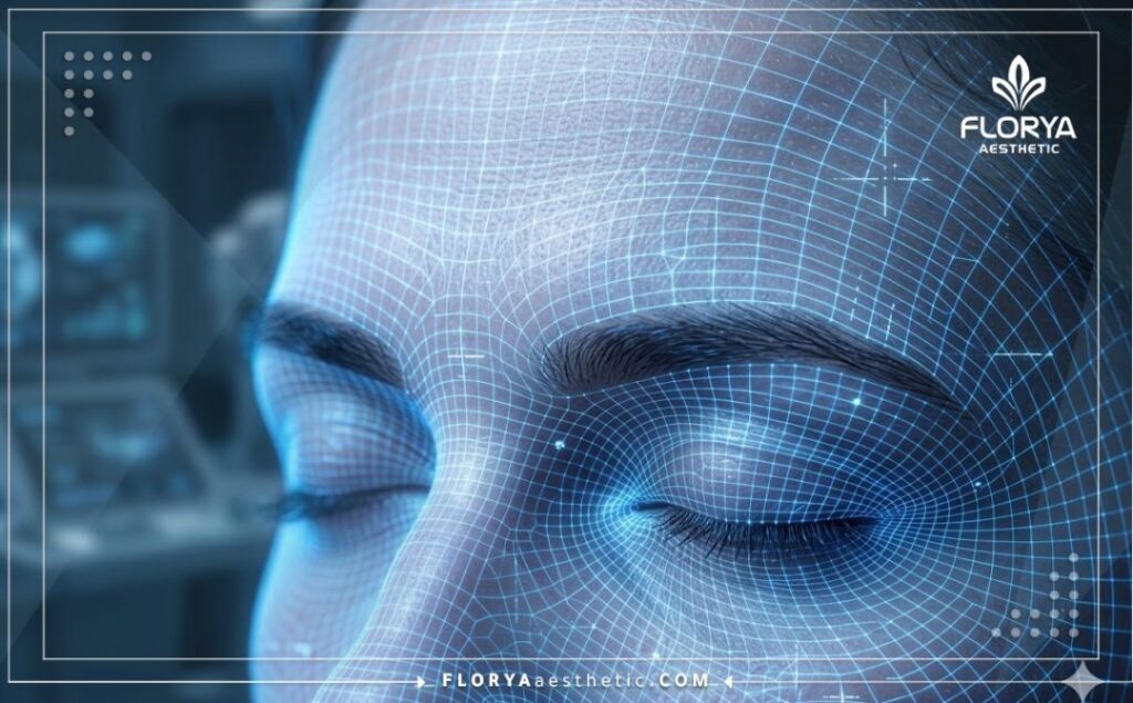 مسح رقمي ثلاثي الأبعاد دقيق لمنطقة الحواجب والجبهة يوضح تقنيات الشد