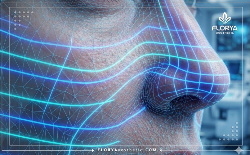 High-tech 3D macro scan of facial skin showing surface details for cosmetic treatment.