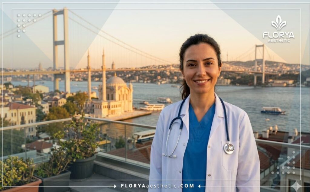 Smiling expert dermatologist standing in front of a famous Istanbul landmark.