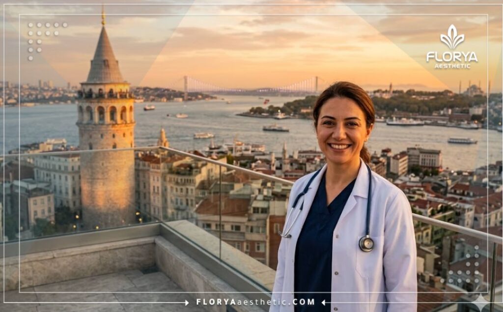 Welcoming doctor standing before a recognizable Istanbul landmark