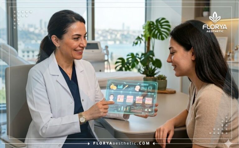 Expert doctor planning a Combined Fruit Acid Peel in Turkey using a futuristic digital tablet