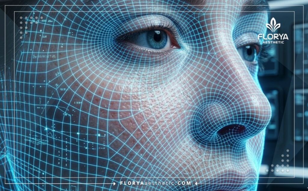 Escaneo macro 3D de la superficie de la piel con cuadrícula de luz de neón