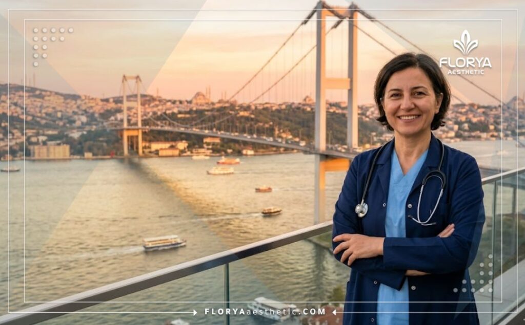 Médico estético amable y sonriente con el Puente del Bósforo de fondo en Estambul