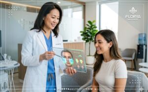 Professional doctor demonstrating a digital treatment plan for Cooled Ultrasound Cheek Fat Reduction using advanced tech.