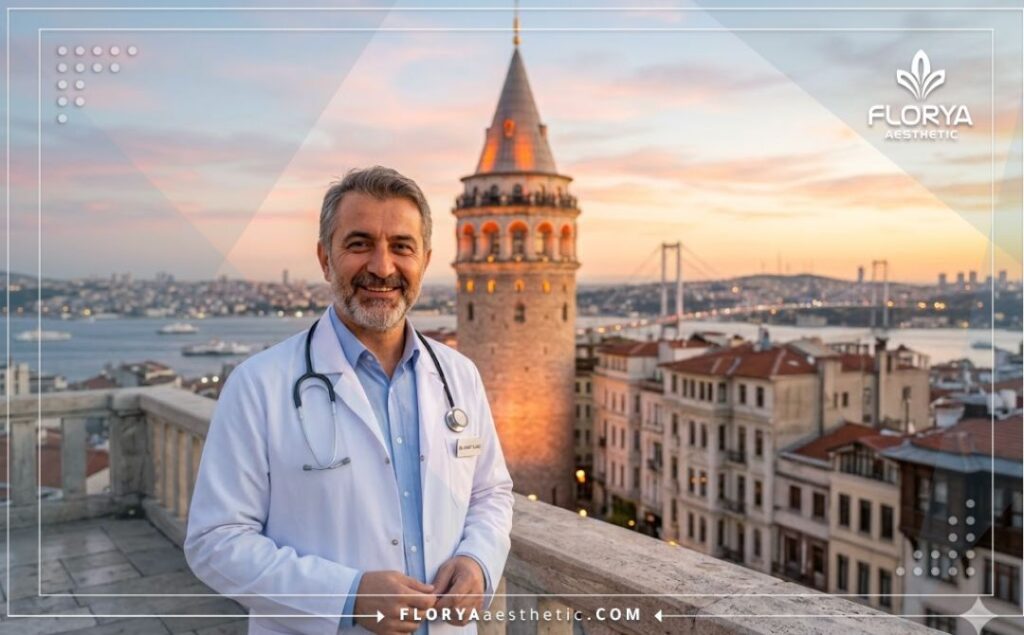 Friendly aesthetic specialist smiling with a recognizable Istanbul landmark in the background.