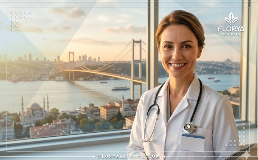 Friendly medical professional welcoming patients with the Istanbul Bosphorus background