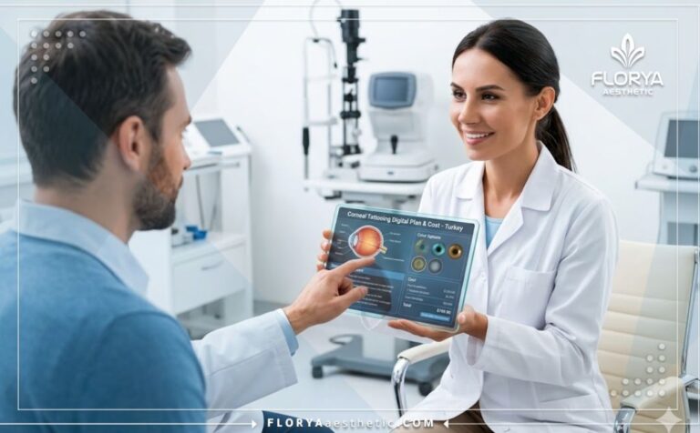 Professional doctor using a transparent tablet explaining the Corneal Tattooing Cost in Turkey