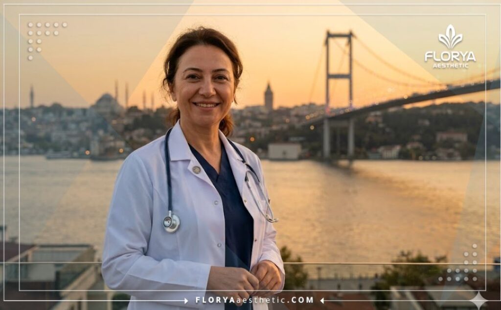 طبيب تجميل ودود يرحب بالمرضى مع خلفية لجسر البوسفور في اسطنبول