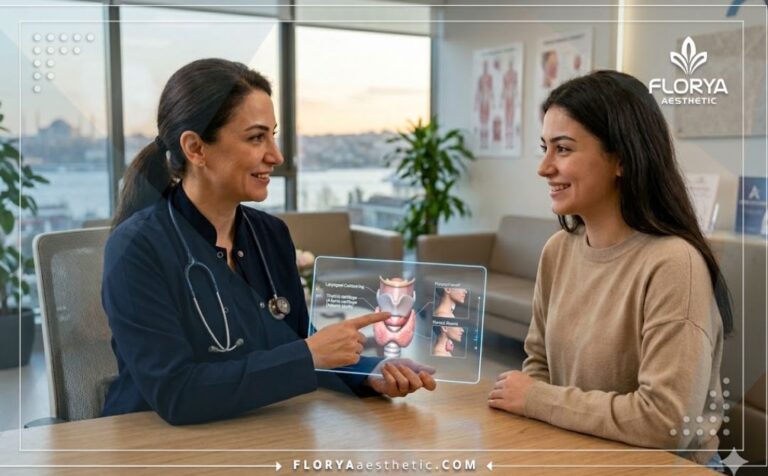 طبيب محترف يعرض خطة جراحة الحنجرة التجميلية في تركيا رقمياً للمريض من خلال جهاز لوحي.