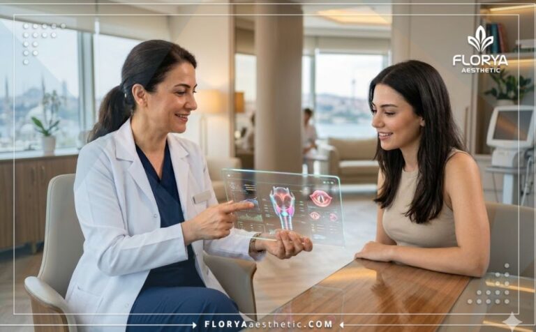 طبيب محترف يشرح خطة عمليات الصوت التجميلية في تركيا للمريض عبر جهاز لوحي متطور.