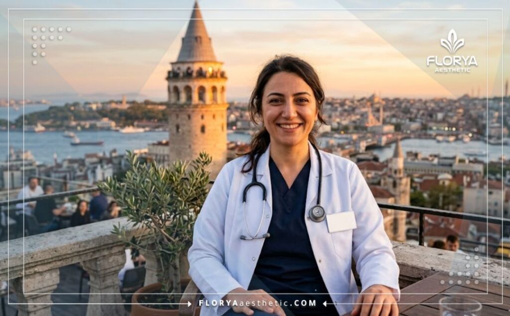 طبيب تجميل يرحب بمرضاه مع خلفية جميلة لمعالم مدينة إسطنبول
