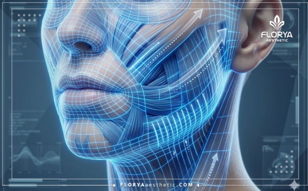 فحص رقمي ثلاثي الأبعاد عالي الدقة لتشريح الوجه يركز على منطقة الشد العميق