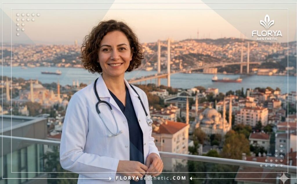 طبيب تجميل ودود يرحب بالمرضى مع خلفية لجسر البوسفور في اسطنبول