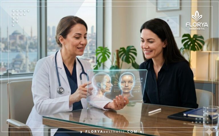دكتور تجميل محترف يشرح خطة شد الوجه العميق في تركيا للمريض باستخدام تقنية رقمية متطورة