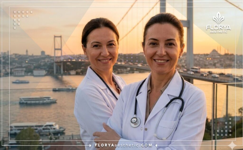 Friendly dermatologist smiling in front of the Bosphorus Bridge in Istanbul