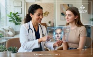 Professional doctor discussing the Diamond Facial Contouring digital plan with a patient using advanced tech