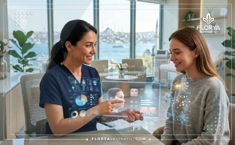Doctor profesional mostrando el plan de Microdermoabrasión con punta de diamante en Turquía en una tablet digital interactiva.