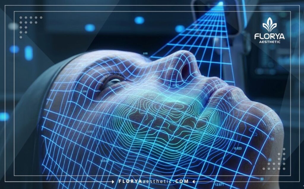 High-tech 3D macro surface scan of facial skin showing advanced treatment precision.