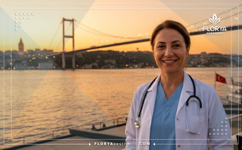 Friendly dermatologist smiling warmly with the Bosphorus Bridge in Istanbul in the background.