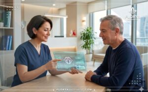 Doctor showing a patient a digital plan for Dysphonia Treatment in Turkey on a transparent tablet.