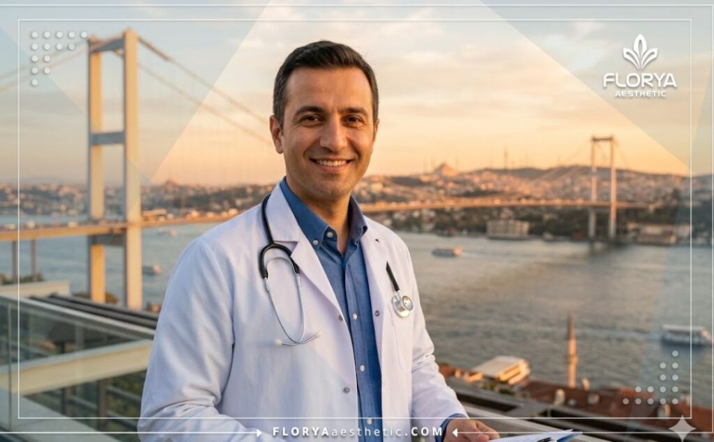 Médico otorrinolaringólogo amable frente a un paisaje icónico de Estambul.
