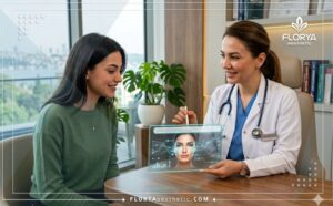طبيب محترف يعرض خطة تقنية الميزو-ثيرابي بالإنزيمات الهاضمة في تركيا للمريض عبر شاشة رقمية شفافة.