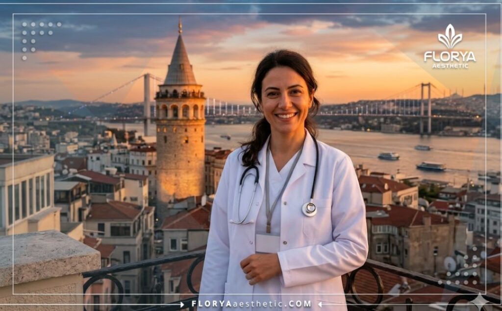 Friendly and professional doctor smiling in Istanbul with Bosphorus Bridge background