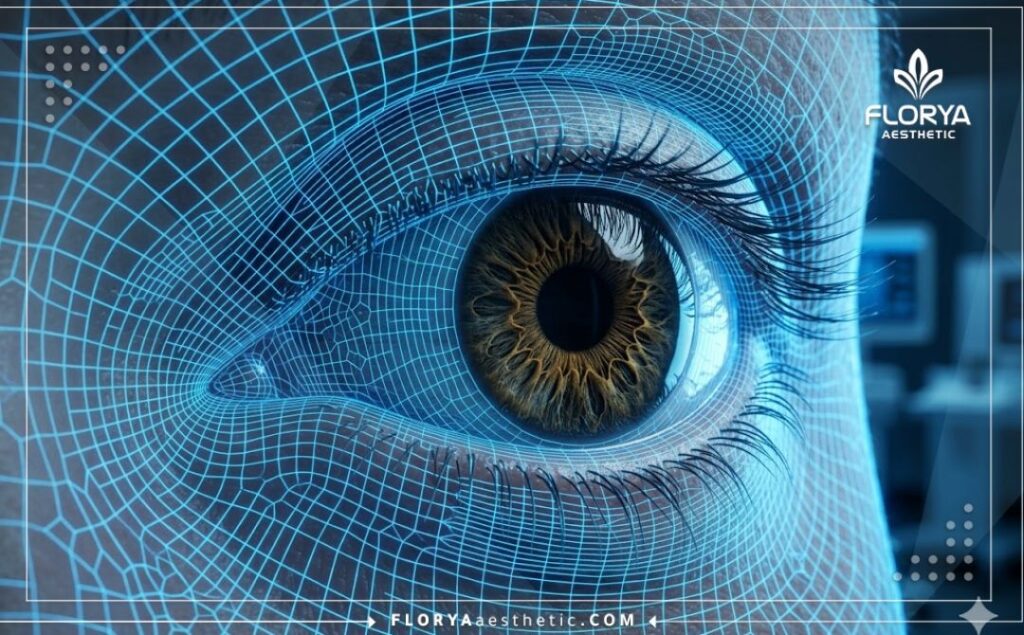 High-tech 3D macro surface scan of the eye highlighting iris anatomy and precision