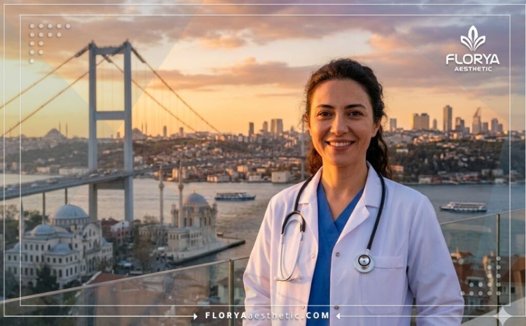 طبيب تجميل يبتسم ويرحب بالمرضى مع ظهور جسر البوسفور في اسطنبول بالخلفية