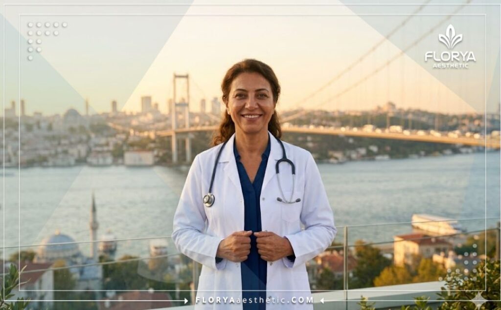 Amigable cirujano estético sonriendo con el Puente del Bósforo de Estambul de fondo.