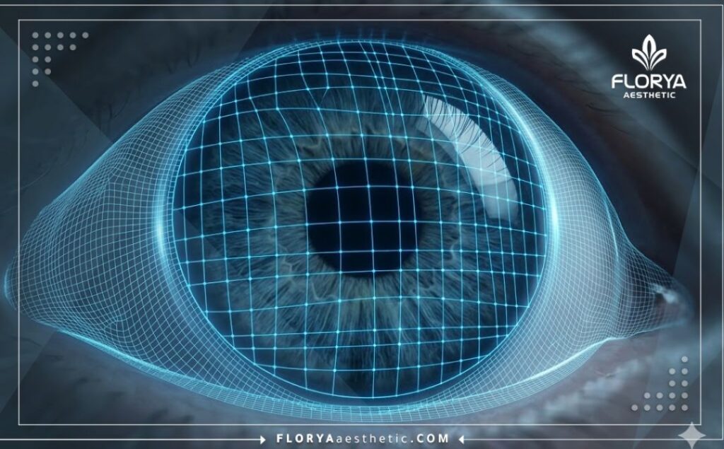 Высокотехнологичное 3D-сканирование поверхности роговицы глаза с синей лазерной сеткой.