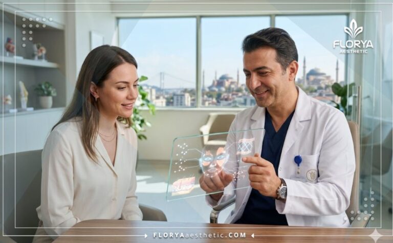 طبيب يعرض خطة علاج حقن الخلايا الليفية في تركيا عبر جهاز لوحي شفاف