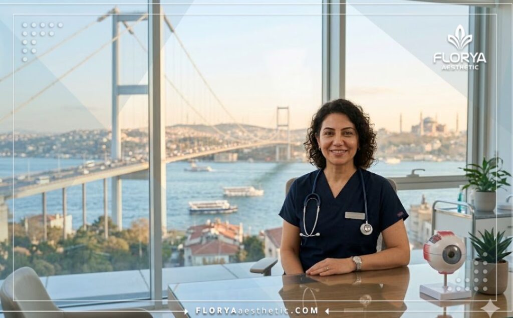 Docteur chaleureux accueillant les patients avec le pont du Bosphore en arrière-plan.