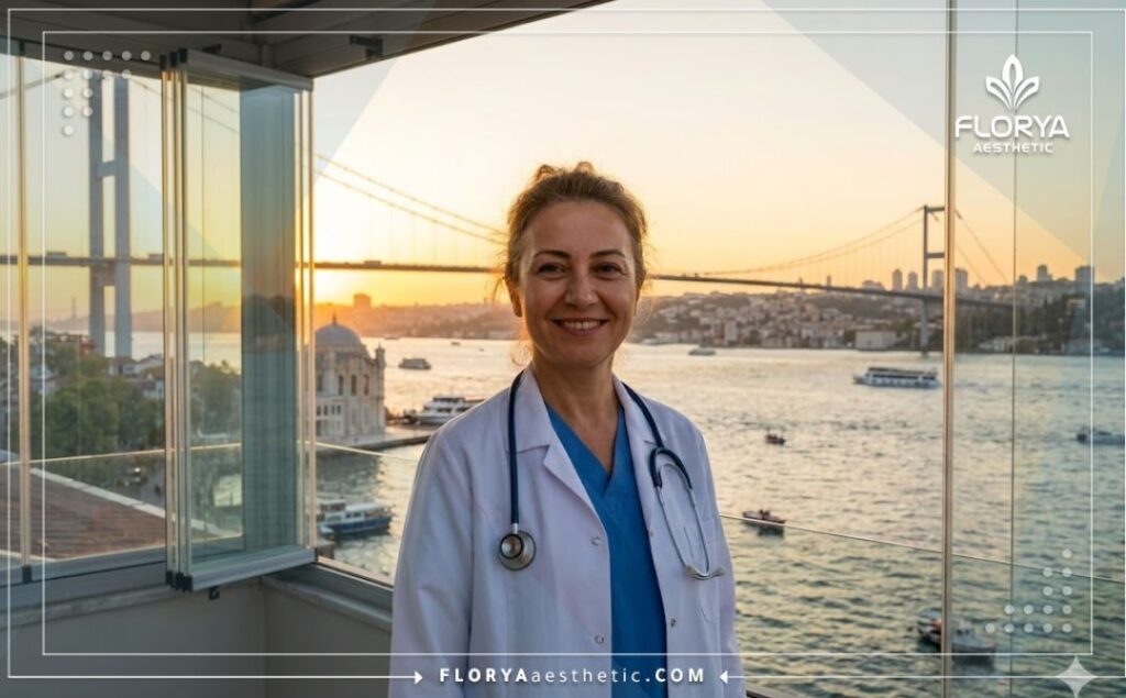 Welcoming aesthetic doctor standing in front of the Bosphorus Bridge in Istanbul.