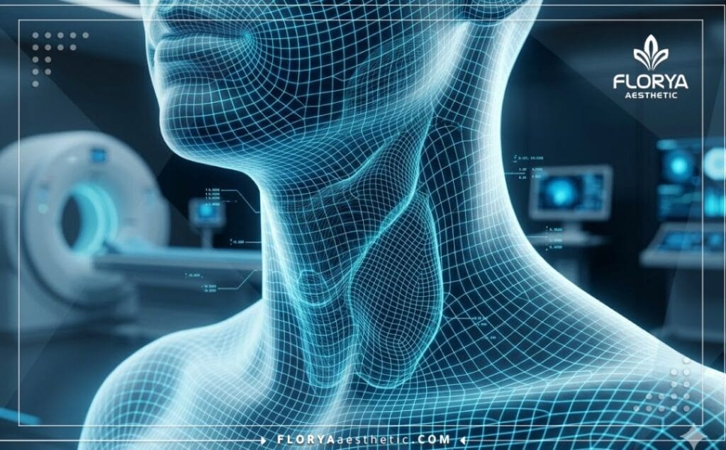 مسح ثلاثي الأبعاد عالي الدقة لمنطقة الرقبة والحبال الصوتية يوضح دقة الفحص الطبي.