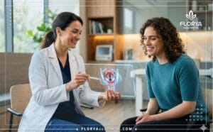 طبيب محترف يشرح خطة تجميل الصوت للمتحولين جنسيا للمريض باستخدام تكنولوجيا رقمية متطورة.