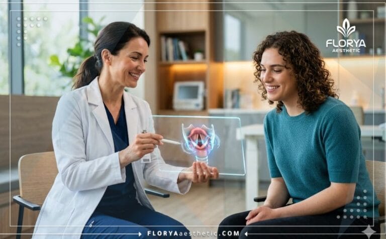 طبيب محترف يشرح خطة تجميل الصوت للمتحولين جنسيا للمريض باستخدام تكنولوجيا رقمية متطورة.