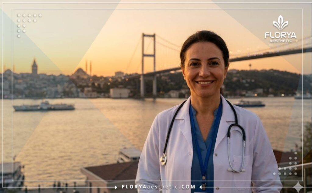Médecin accueillant les patients à Istanbul près du pont du Bosphore