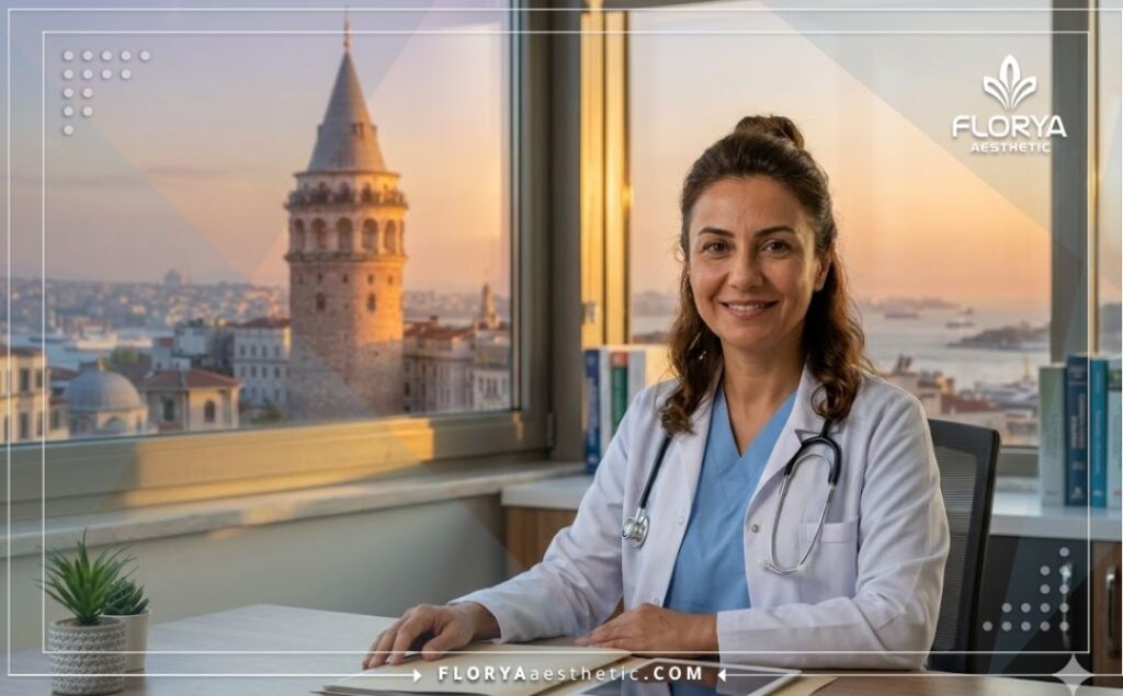 طبيب تجميل ودود يرحب بالمرضى وخلفه معالم اسطنبول