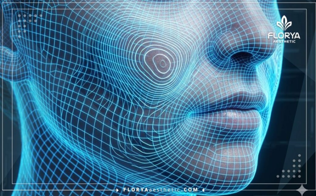High-tech 3D macro scan of the facial area highlighting targeted ultrasound therapy zones.