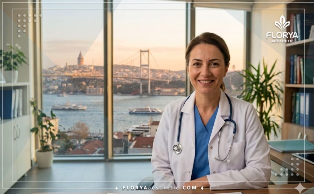 Friendly aesthetic specialist in Istanbul with a scenic view of the Bosphorus Bridge.