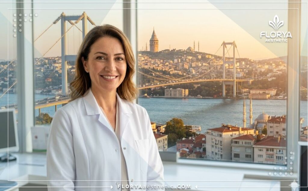 طبيب يرحب بالمرضى في عيادته مع إطلالة خلابة على جسر البوسفور في إسطنبول.