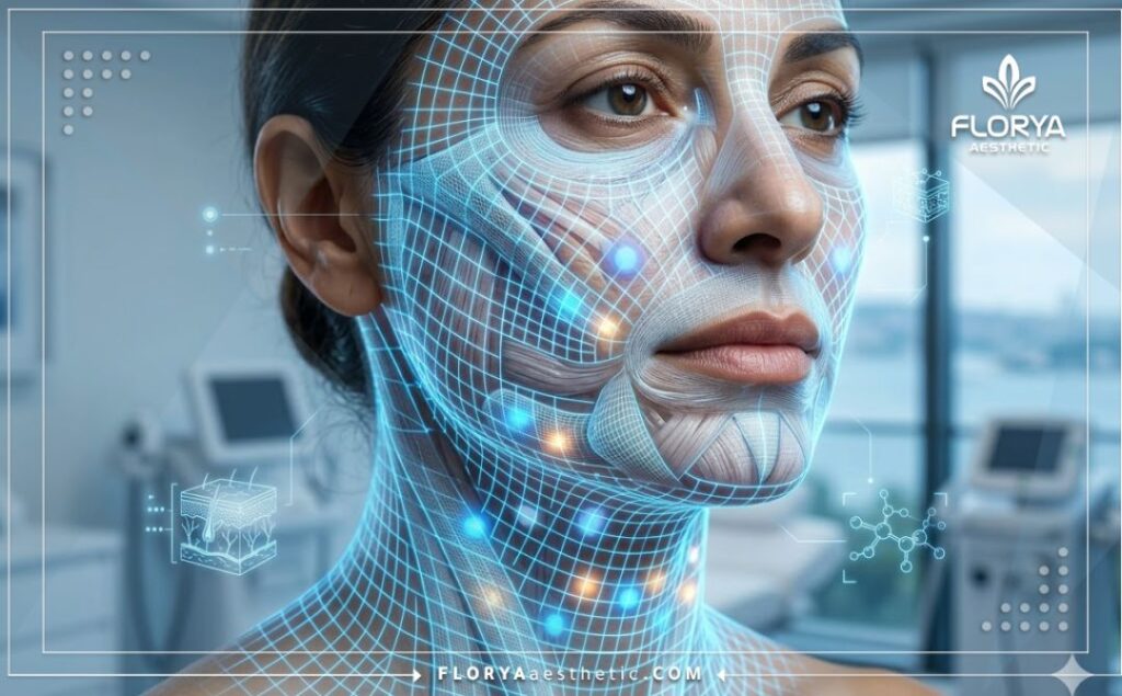 Escaneo digital 3D de alta tecnología que resalta la malla de hidratación en la anatomía facial.