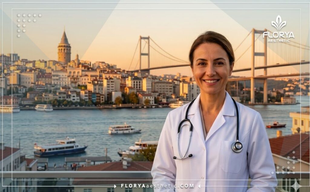 طبيب تجميل ودود يرحب بالمرضى مع خلفية لمعالم إسطنبول السياحية