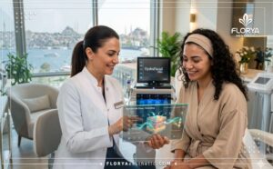 طبيب خبير يستخدم تقنية حديثة لشرح تقنية الهيدرافيشل لتنظيف الوجه العميق في تركيا لمريضة في العيادة
