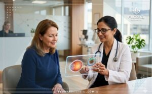 Professional doctor using an advanced transparent tablet to explain the Iris Reconstruction Surgery digital plan to a patient.
