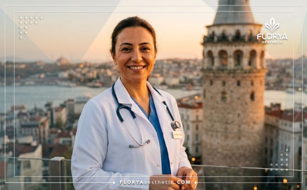 طبيب تجميل يبتسم مع معالم اسطنبول السياحية في الخلفية