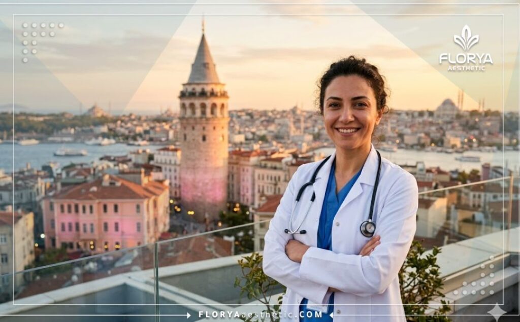 Ophtalmologiste accueillant et souriant devant un monument d'Istanbul.