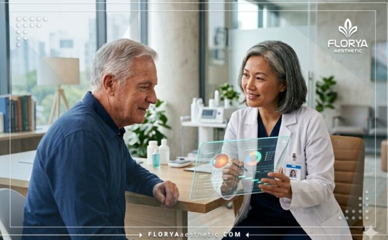 Doctor explaining the Keratopigmentation Cost using a digital tablet.